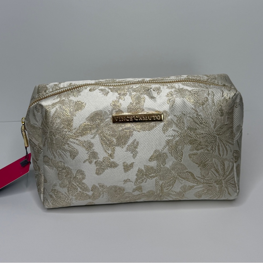 NWT Vince Camuto Luxury White Gold Floral Cosmetic Makeup Case Travel Bag